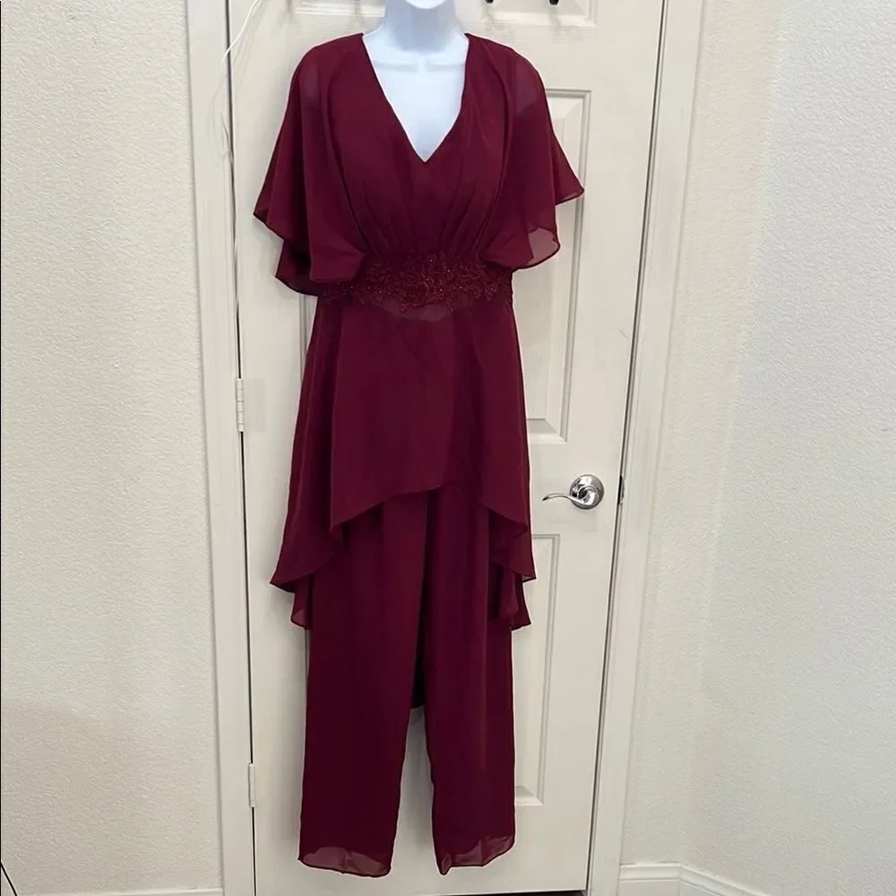 Wedding Pant Suit Maroon Red Sheer Ruched Cap Sleeve Embroidered Beaded Elegant